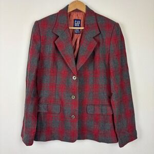 VTG GAP Womens Wool Blend Blazer Jacket SZ Medium Plaid Red Gray Academia Preppy